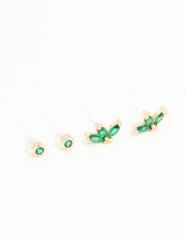 Gold Emerald Cubic Zirconia Stud Earrings 3-Pack