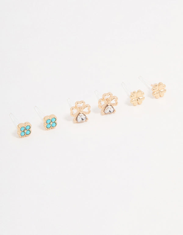 Gold Cubic Zirconia Mini Clover Stud Earrings 3-Pack