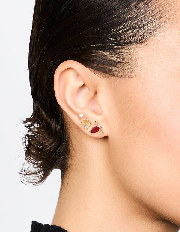 Gold Diamante Lobster & Shell Earrings 3-Pack