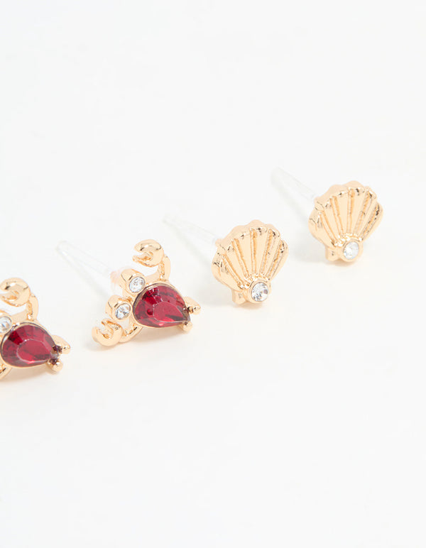Gold Diamante Lobster & Shell Earrings 3-Pack
