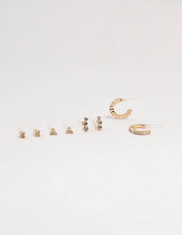 Gold Diamante Stud & Hoop Earrings 4-Pack