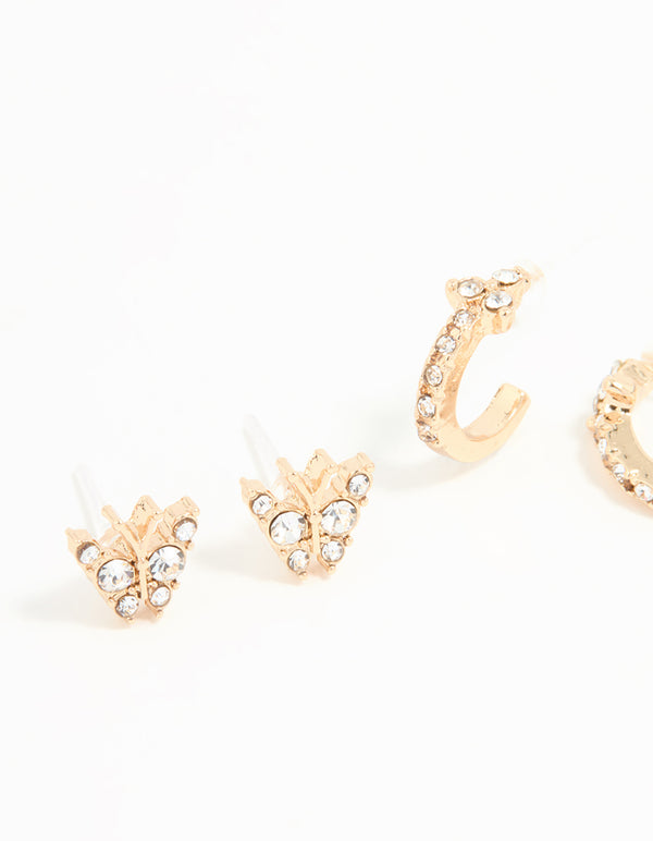 Gold Diamante Pearl Hoop & Stud Earrings 3-Pack