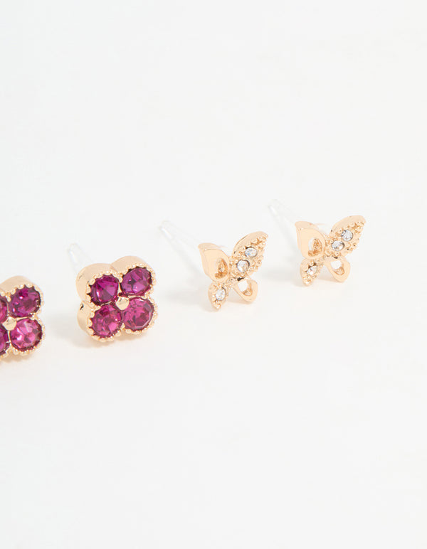Gold Floral & Butterfly Stud Earrings 3-Pack