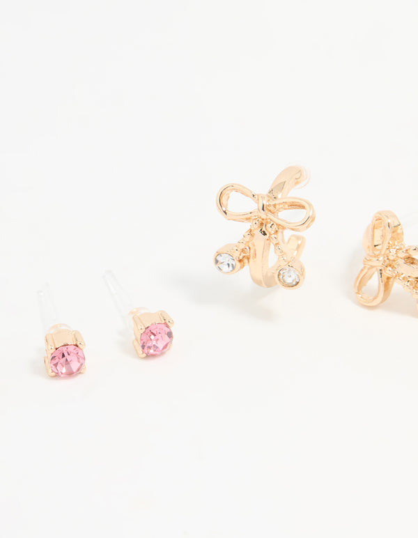 Gold Bow Diamante Hoop Earrings 3-Pack
