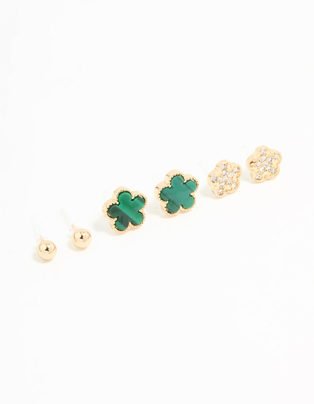 Gold Emerald Clover & Flower Stud Earrings 3-Pack