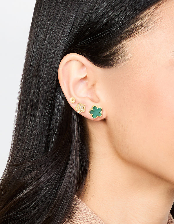 Gold Emerald Clover & Flower Stud Earrings 3-Pack