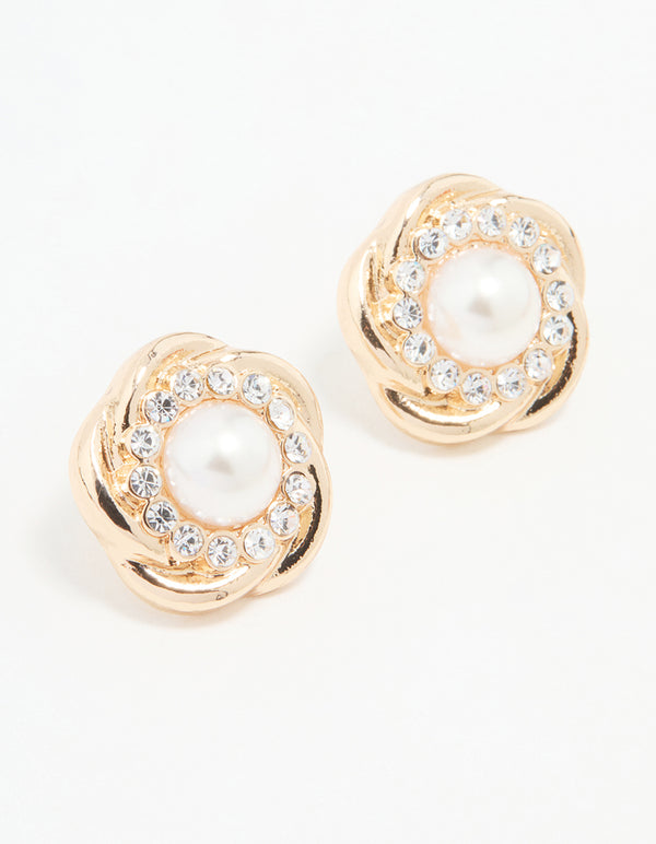 Gold Large Pearl Stud Earrings