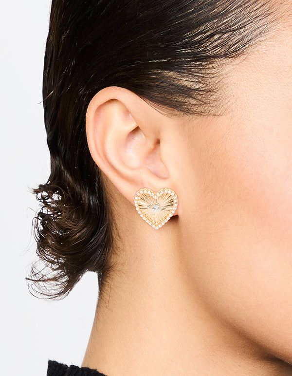 Gold Textured Pearl Heart Stud Earrings