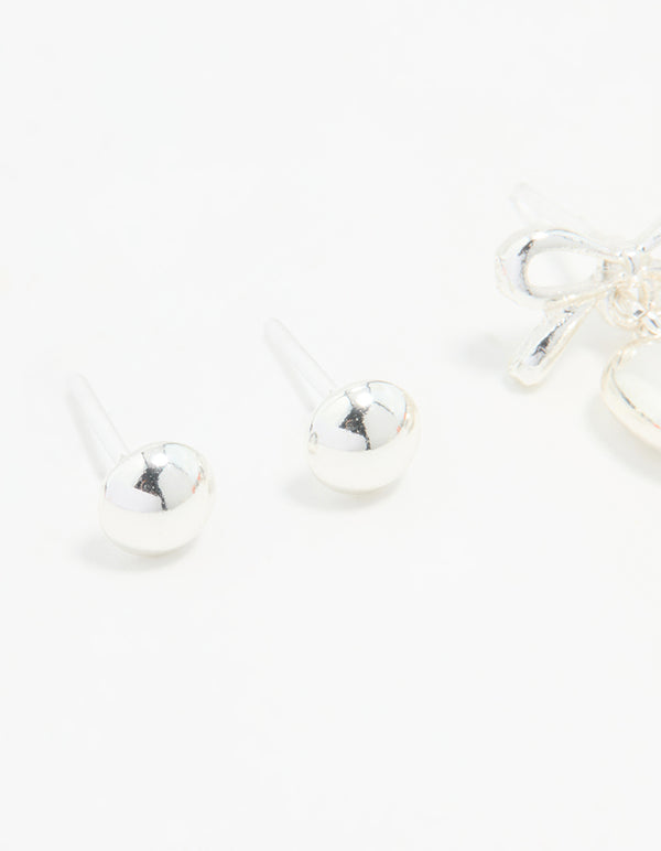 Silver Bow & Heart Stud Earrings 3-Pack