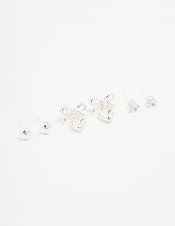 Silver Bow & Heart Stud Earrings 3-Pack
