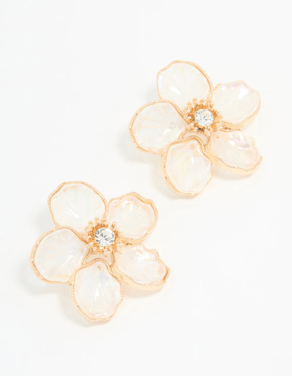 Rose Gold Diamante Flower Large Stud Earrings