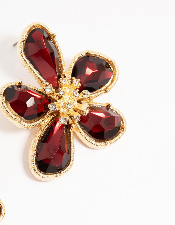 Gold Red Stone Flower Large Stud Earrings