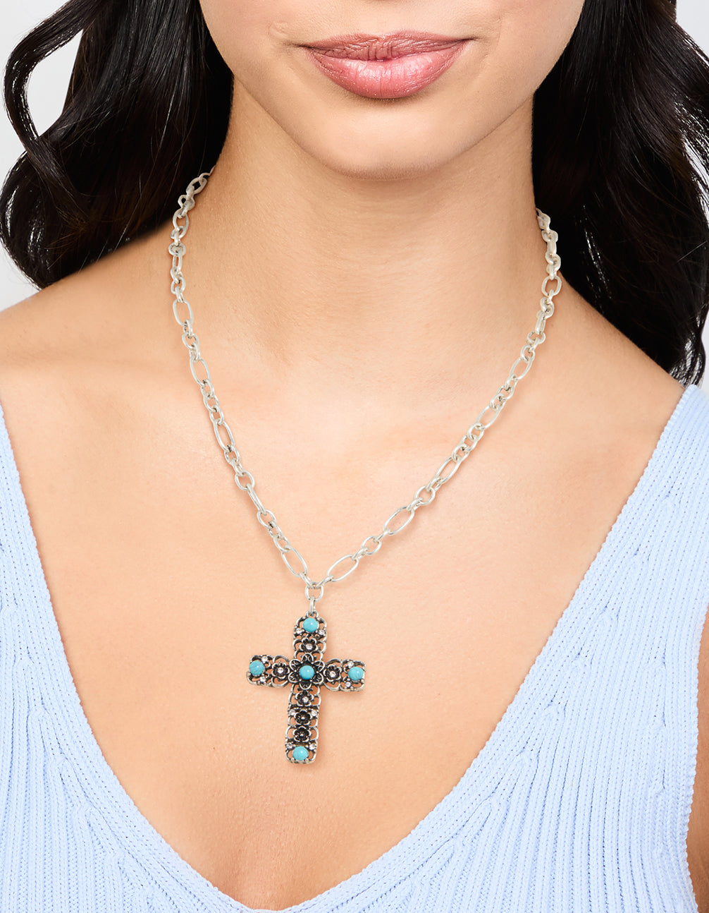 Antique Silver Turquoise Stone Cross Pendant Necklace