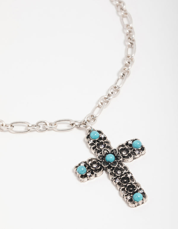 Antique Silver Turquoise Stone Cross Pendant Necklace