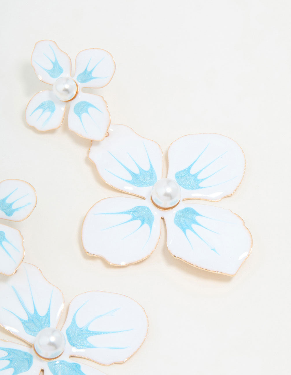 White & Blue Coated Metal Flower Drop Earrings