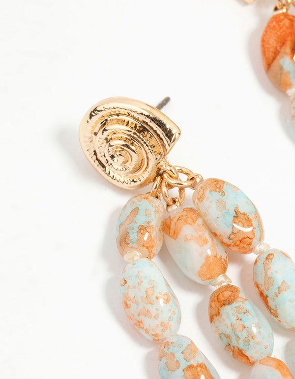 Orange & Blue Beaded Swirl Triple Drop Earrings
