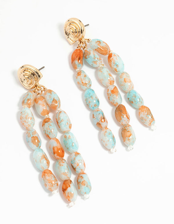 Orange & Blue Beaded Swirl Triple Drop Earrings