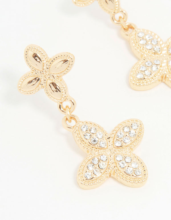 Gold Diamante Double Flower Drop Earrings