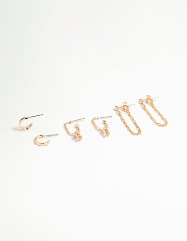 Gold Diamante Chain & Hoop Earrings 3-Pack
