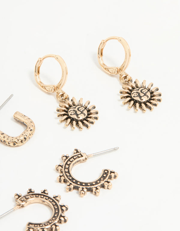 Antique Gold Sun & Star Huggie & Stud Earrings 6-Pack