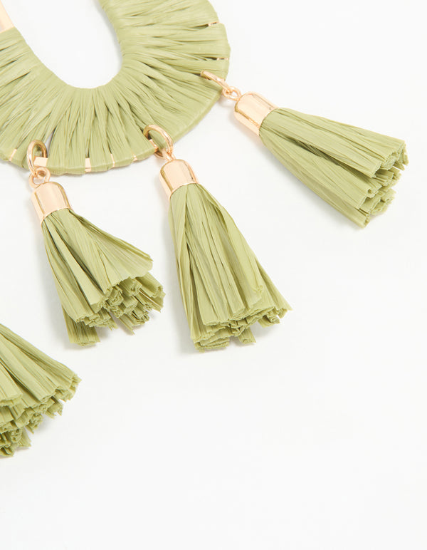 Gold & Green Half Woven Tassel Drop Earrings