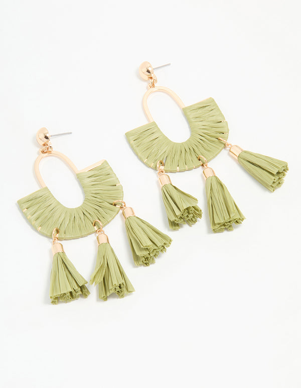 Gold & Green Half Woven Tassel Drop Earrings