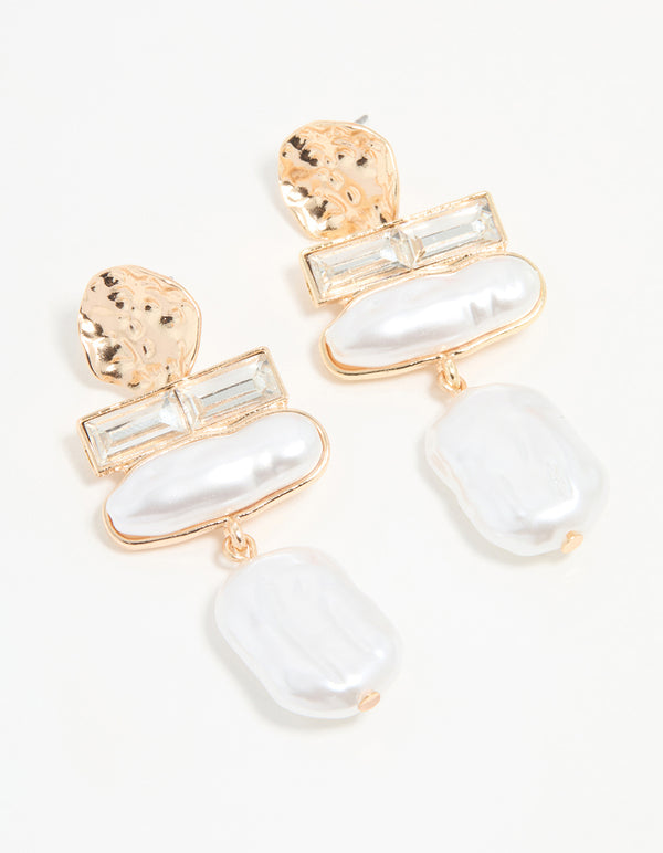 Gold Pearl Diamante Molten Drop Earrings