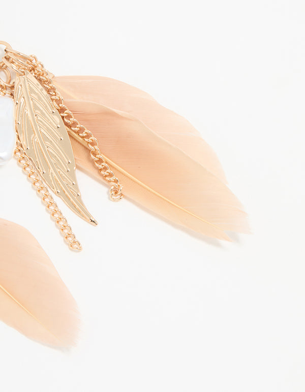 Gold Pearl Leaf Peach Feather Hook Earrings