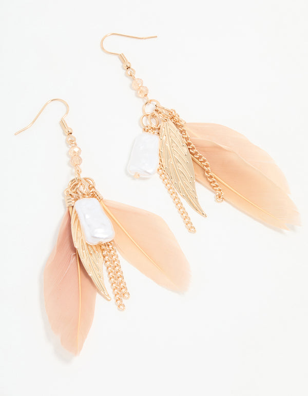 Gold Pearl Leaf Peach Feather Hook Earrings