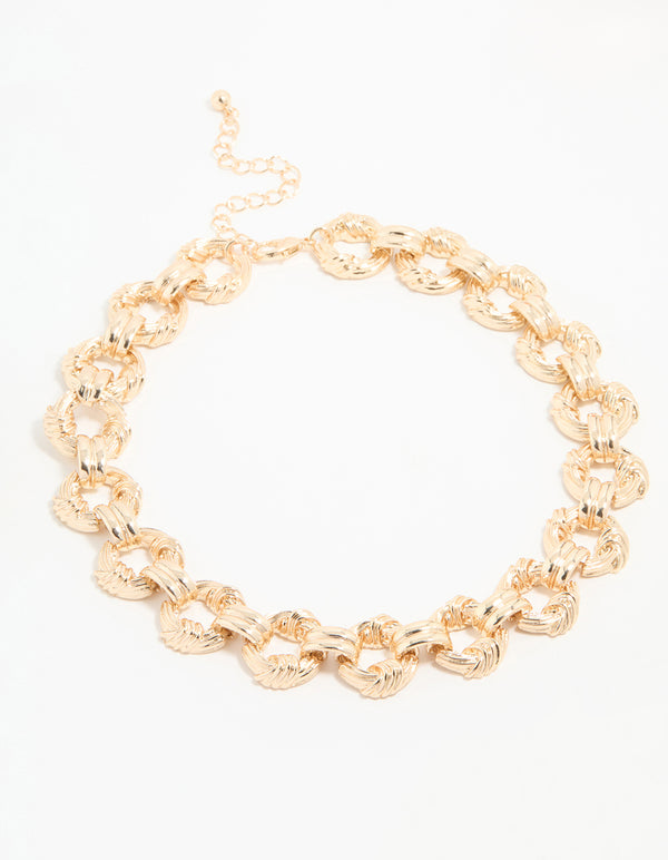 Gold Ribbed Knotted Link Necklace