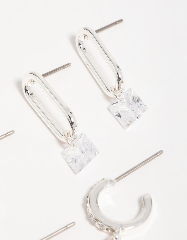 Silver Cubic Zirconia Mixed Shape Drop Earrings 3-Pack