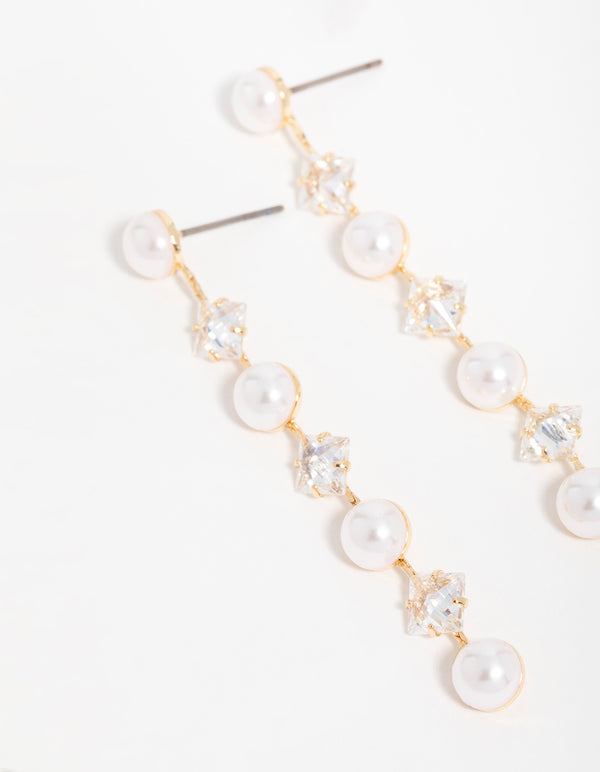 Gold Cubic Zirconia Pearl Alternating Drop Earrings