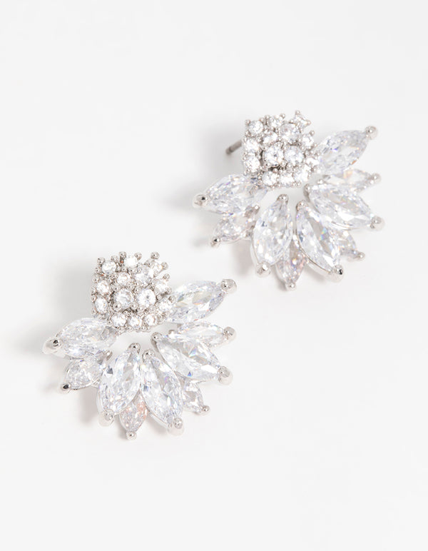 Silver Cubic Zirconia Lotus Flower Stud Earrings