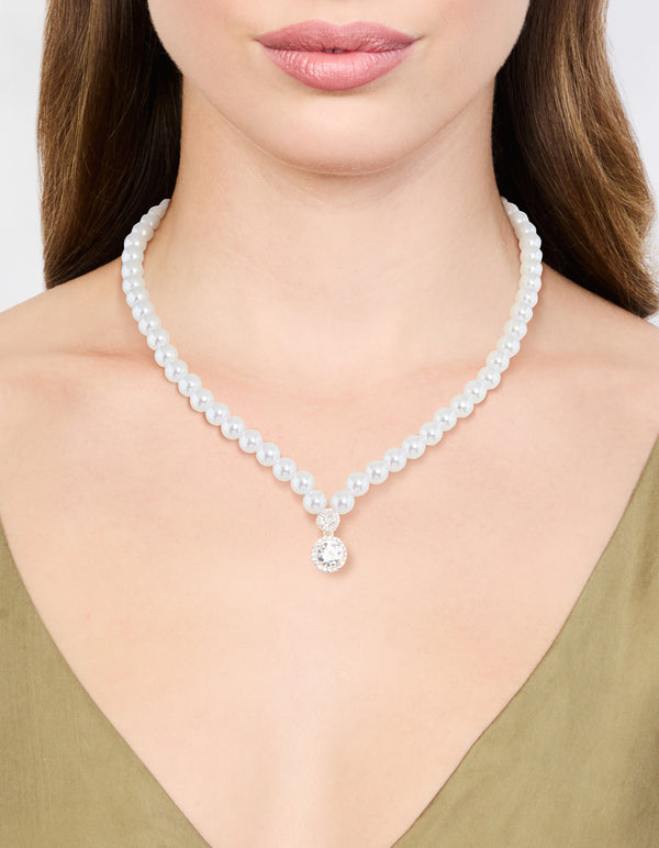 Silver Cubic Zirconia Pearl Short Pendant Necklace