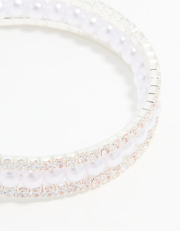 Silver Cubic Zirconia Pearl Layered Bangle