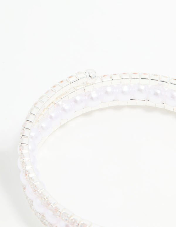 Silver Cubic Zirconia Pearl Layered Bangle