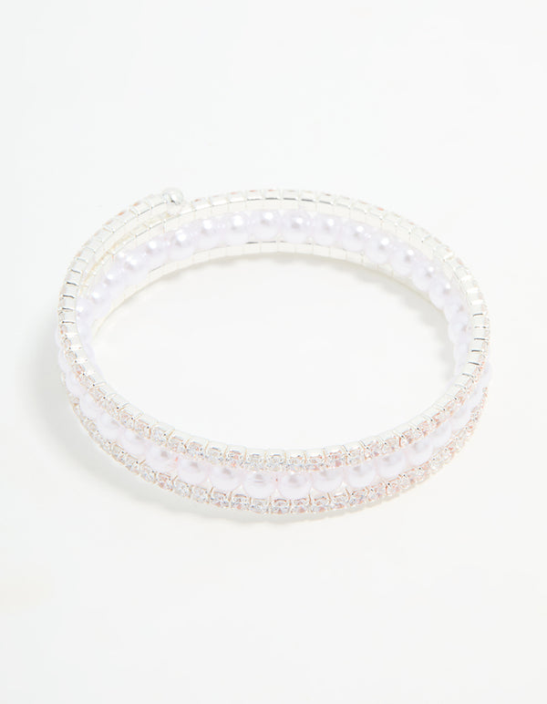 Silver Cubic Zirconia Pearl Layered Bangle
