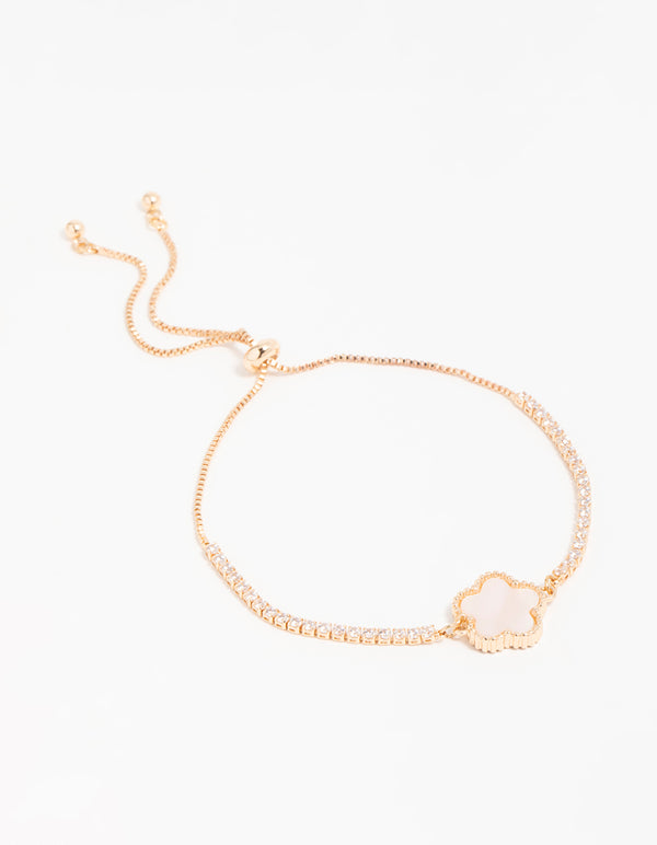 Gold Cubic Zirconia Mini Pink Flower Toggle Bracelet