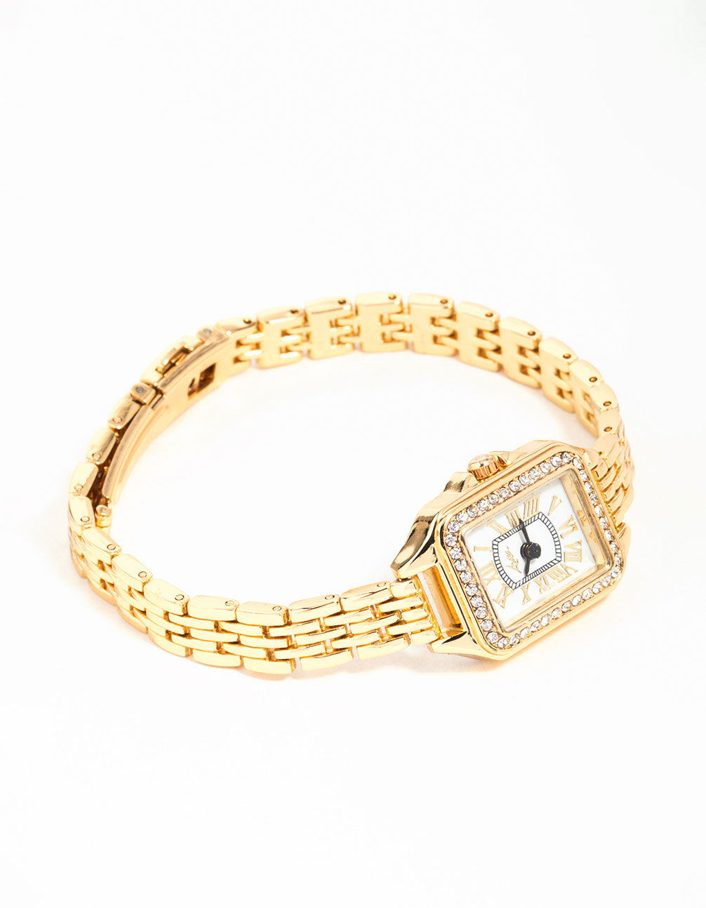 Featuring this gold diamante mini rectangular watch with white dial showcasing roman numerals, crafted for women and formal occasions with link band strap in analog type front view