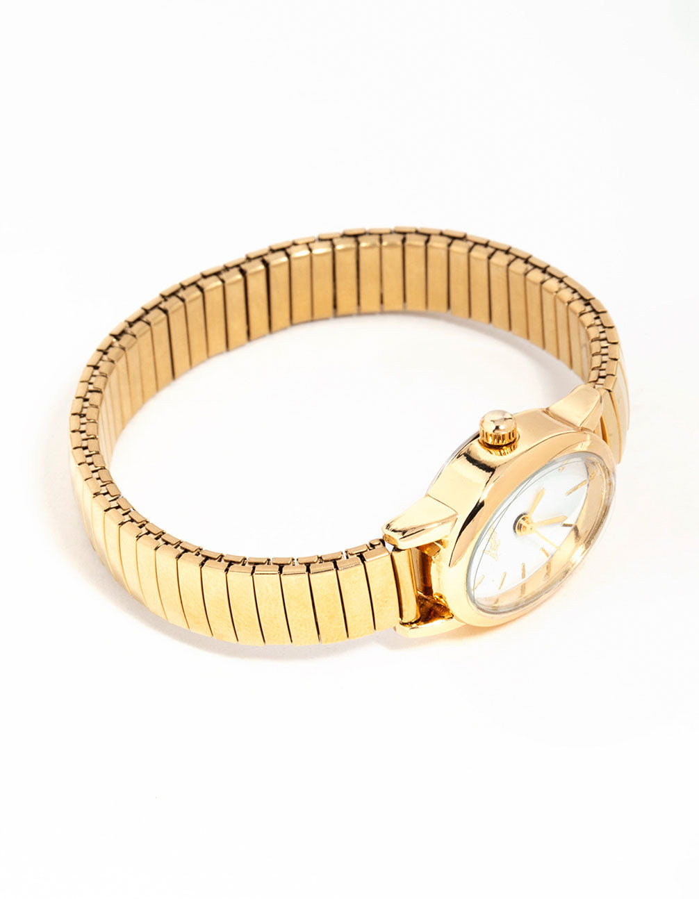 Elegant mini oval stretch watch with white dial with stone look, round shape, women's casual style, link band strap in gold color, analog type front view