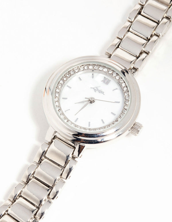 Silver Diamante Round Watch