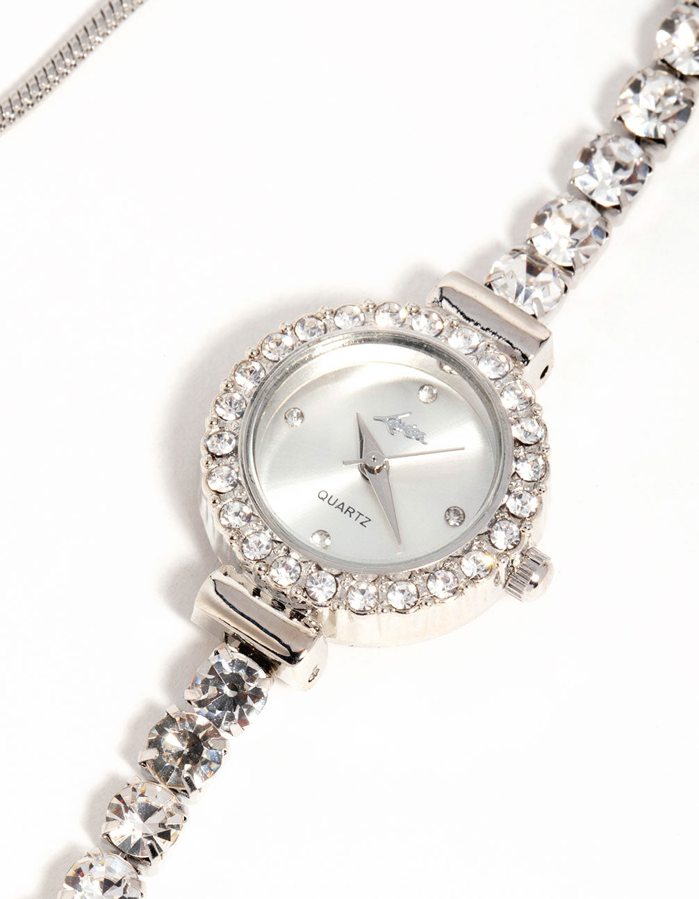 Elegant women's analog bolo watch featuring a clear stone-look round dial with link band strap in silver designed for casual occasions watch face detail view