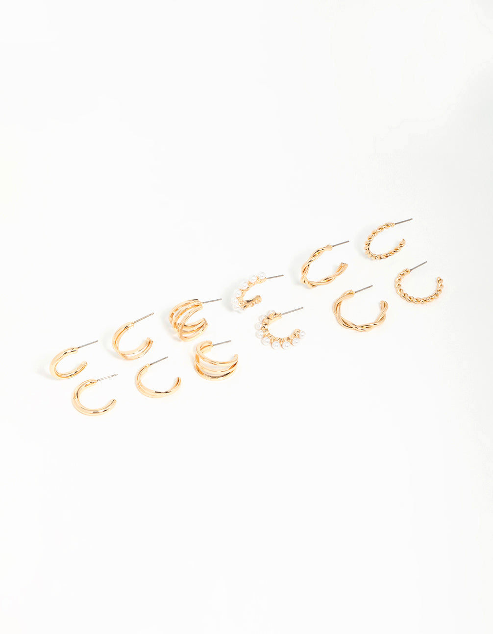 Gold Mixed Twisted Pearl Hoop Earrings 6-Pack