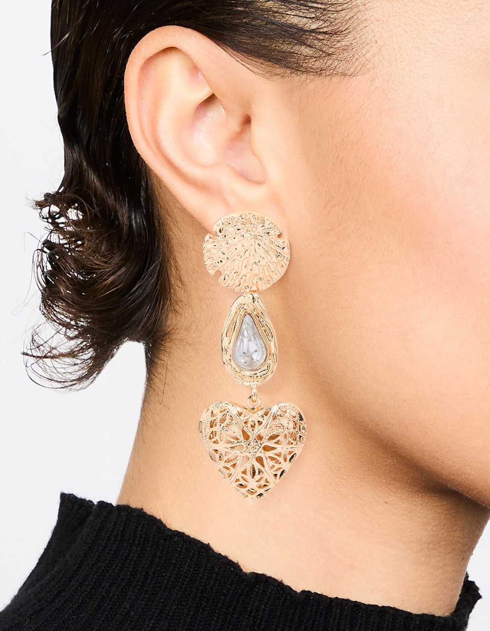 Gold Shell Diamante Etched Heart Locket Drop Earrings
