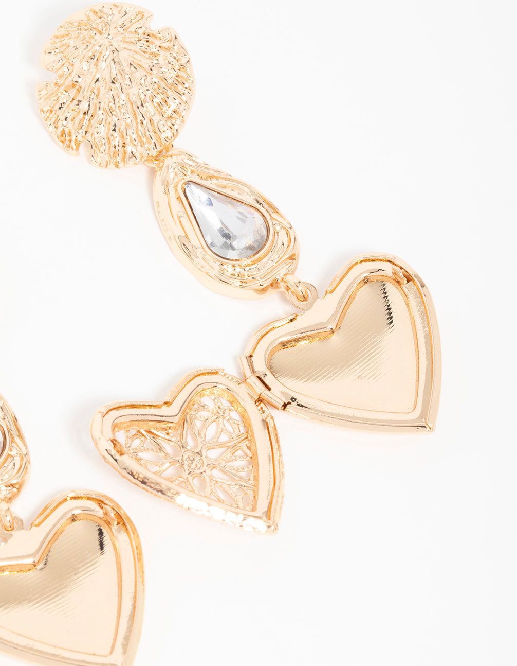 Gold Shell Diamante Etched Heart Locket Drop Earrings