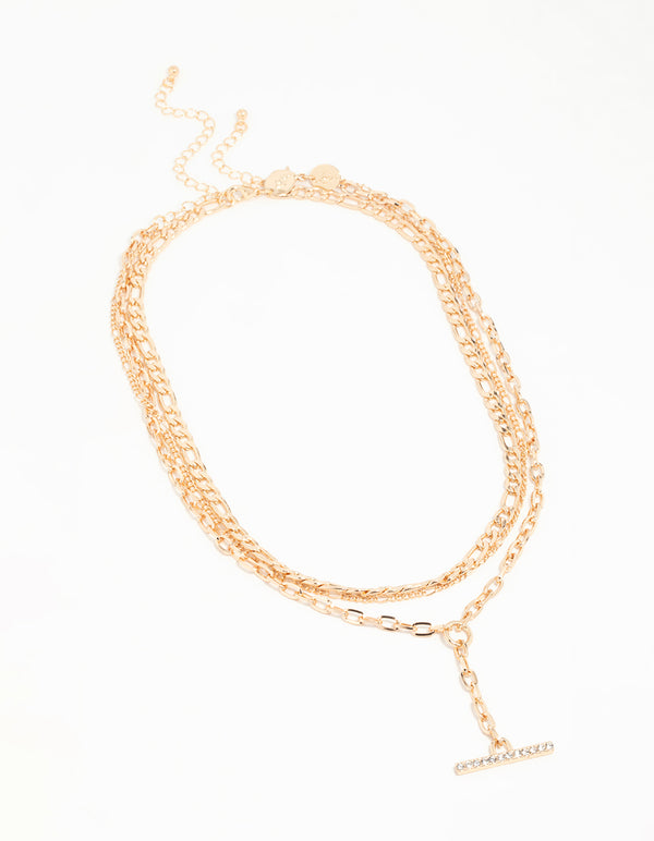 Gold Diamante T-Bar Layered Necklace