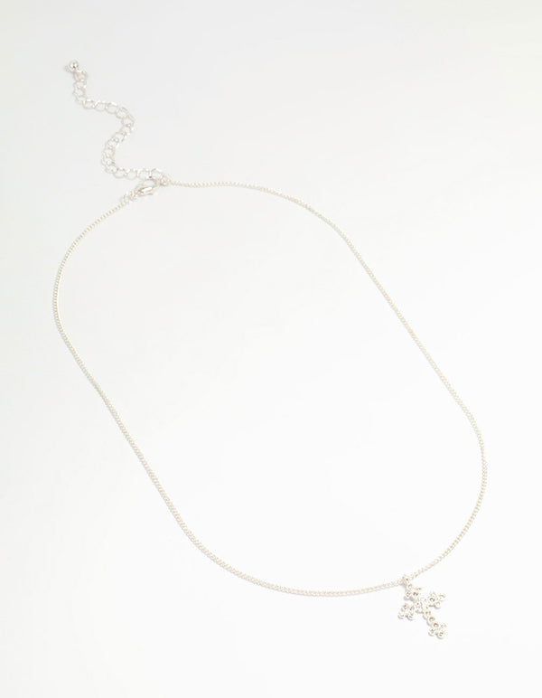 Silver Plated Diamante Rose Cross Pendant Necklace