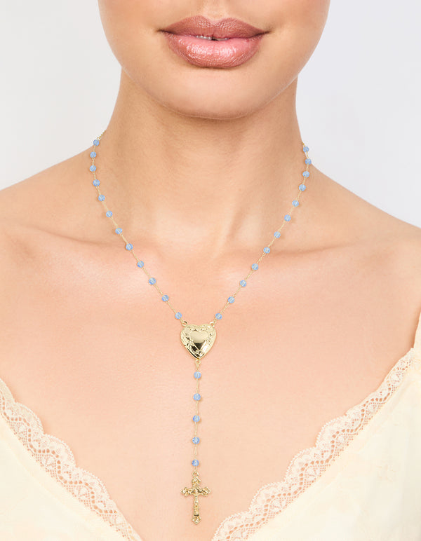 Gold Plated Blue Beaded Heart Locket & Cross Y-Necklace