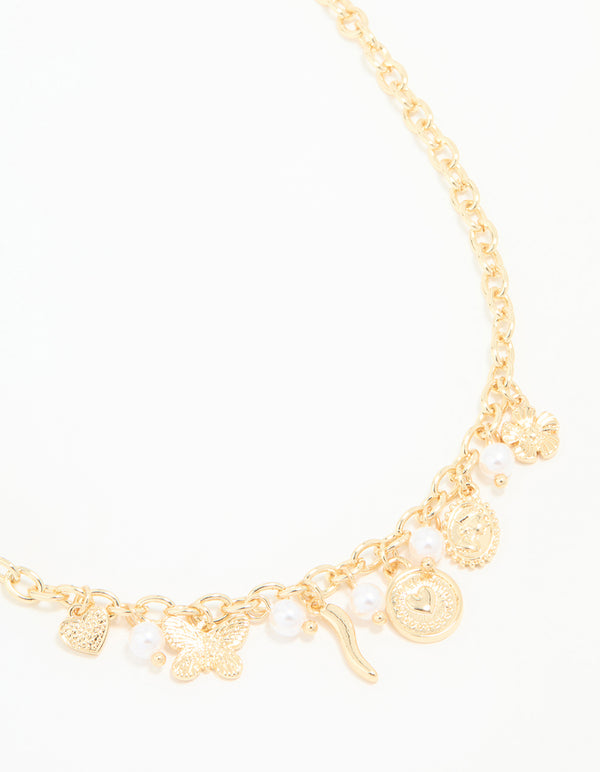 Gold Plated Cross & Mixed Charm Necklace