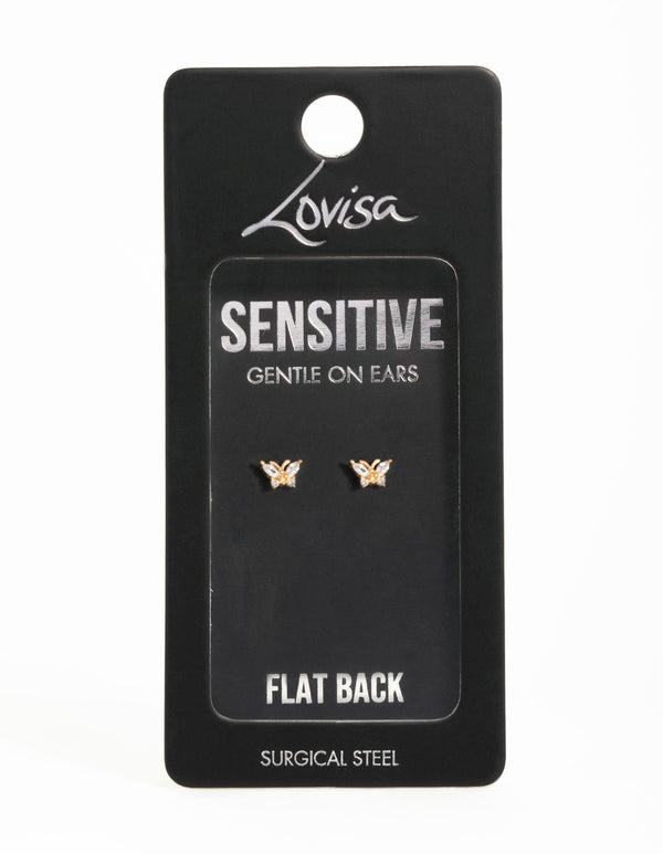 Gold Plated Surgical Steel Cubic Zirconia Butterfly Flat Back Earrings